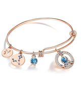 Zodiac Constellation Expandable Bangle Bracelet with Crystal Charm, Rose Gold Plated, 7"