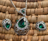 Teardrop Filigree Vintage-Style Earring and Necklace Set, Silver-Tone
